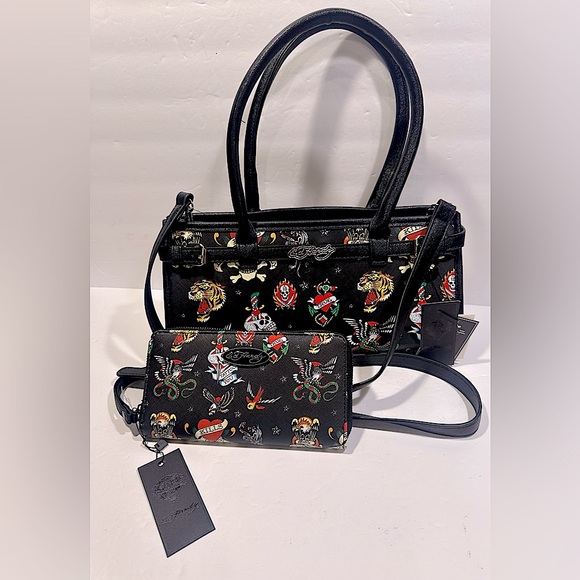 Ed Hardy Black Logo Tattoo Print Skull Hearts Purse Handbag With Bifold Wallet - Picture 1 of 7